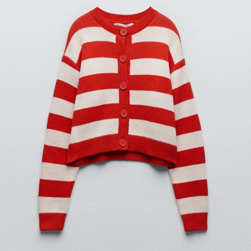 ZARA  RED & WHITE STRIPED KNIT CARDIGAN